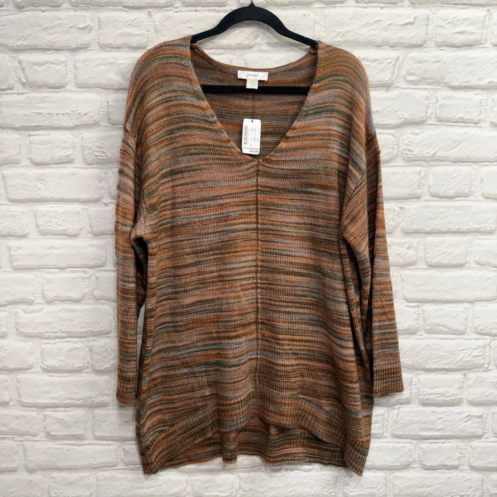 CJ Banks Woman's Sz X 14W Tunic Sweater Orange Brown V Neck Top Fall Earthy NEW